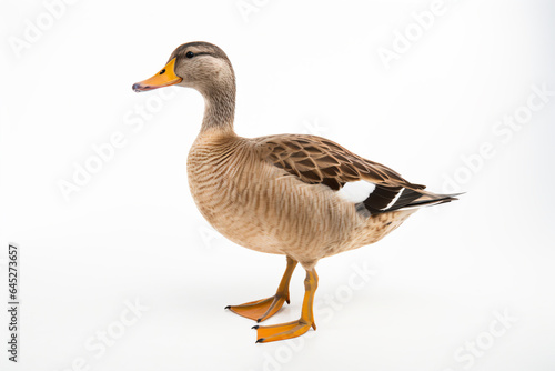 a duck standing on a white surface with a white background