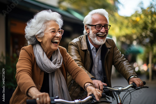 An elderly couple rides bicycles. Generative AI.