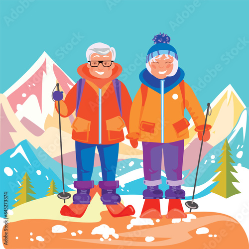 Active mature couple skiing and traveling at a winter resort. Vector flat illustration with mountains landscape. Elderly man and woman enjoying physical activity outdoors in winter.