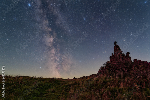 The Milky Way over the summit of the mountain Wasserkuppe in the Rhoen in Germany.