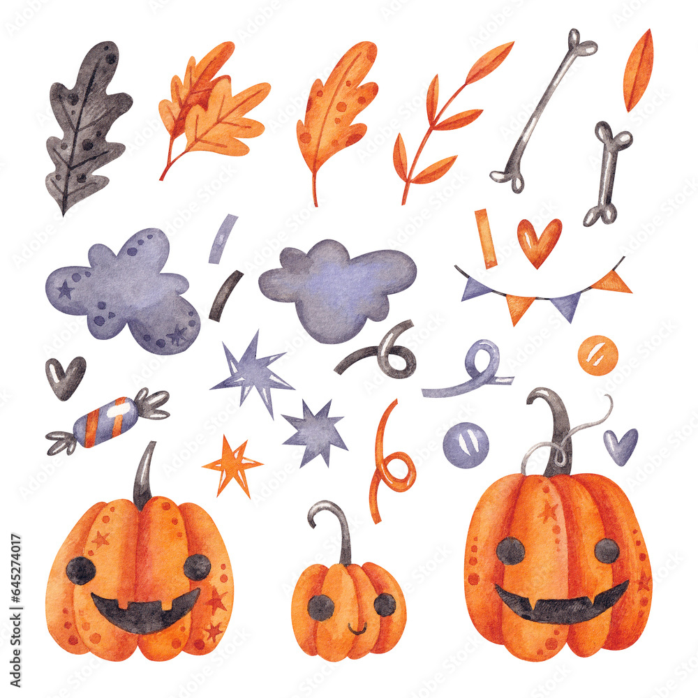 A set with pumpkins, garlands, autumn leaves and stars. Watercolor illustration. Holiday. Halloween. Autumn. Season. The clouds. Candies. Handmade work. Art. Design. Dice. Cartoon. Cute.