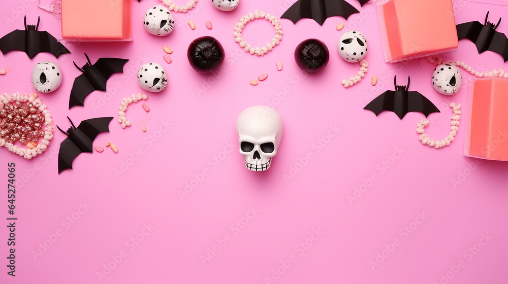 halloween banner copy space with halloween pumpkin, bat, chocolate, spooky item frame isolated on soft pink background halloween banner copy space with halloween pumpkin, bat, chocolate, spooky item frame isolated on soft pink background