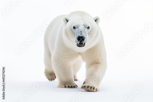 a polar bear walking across a white field