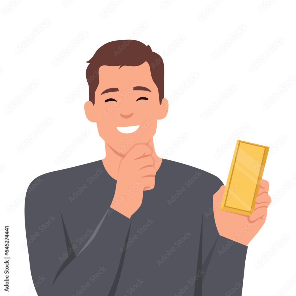 Man smiling holding gold bar for investment. Flat vector illustration isolated on white background Man smiling holding gold bar for investment. Flat vector illustration isolated on white background