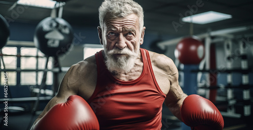 Ageless muscular fit old man with grey hair energetic in with red boxing globes training in box gym © IgnacioJulian