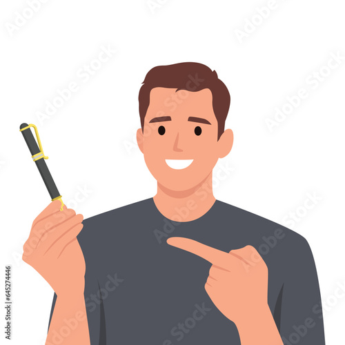 Handsome young business man pointing at an expensive pen. Flat vector illustration isolated on white background