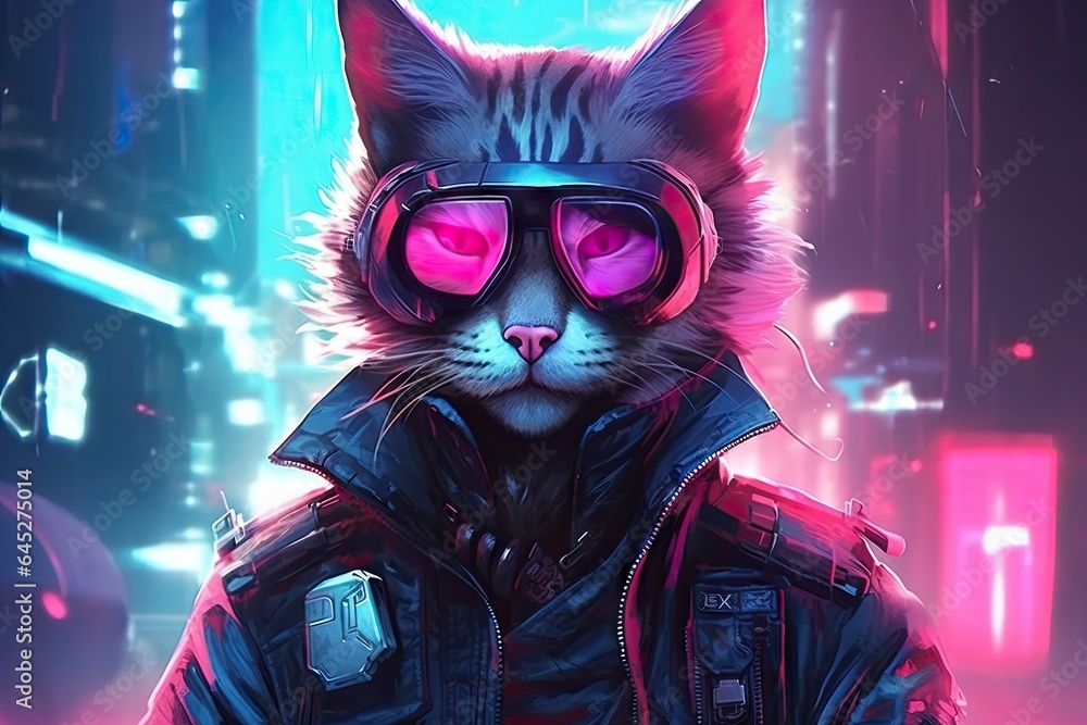 portrait of cat in cyberpunk clothes