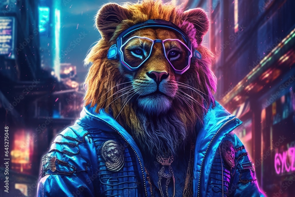 portrait of lion in cyberpunk clothes