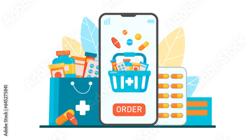 Online pharmacy illustration. Smartphone with a shopping basket with  medical supplies, bottles and pills. Drug store online application concept. Pharmacy purchases, online order. Vector illustration