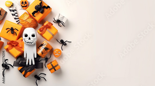 Hallow greetings card copy space with halloween element of spider, gift box, skull isolated on white background