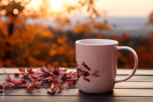 Herbstlicher Kaffeegenuss: Tasse auf Holztisch im Herbstambiente