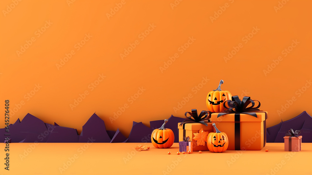 Halloween greetings card copy space of halloween element n gift box isolated on yellow orange background - obrazy, fototapety, plakaty 