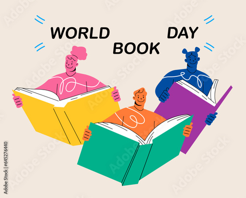 World Book Day. Young people reading books. Book lovers, fans of literature. Colorful vector illustration