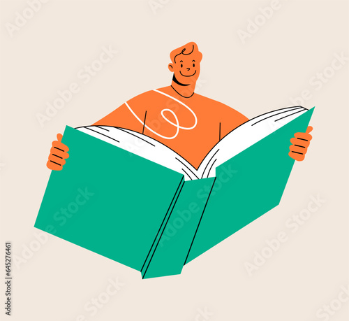 Young man reading books. Book lovers, fans of literature. Book Day. Colorful vector illustration