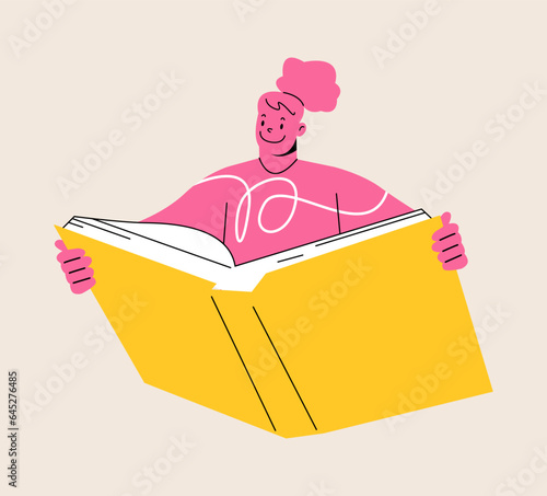 Young woman reading books. Book lovers, fans of literature. Book Day. Colorful vector illustration