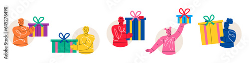 Group of man and woman holding gift box in hands. Colorful vector illustration