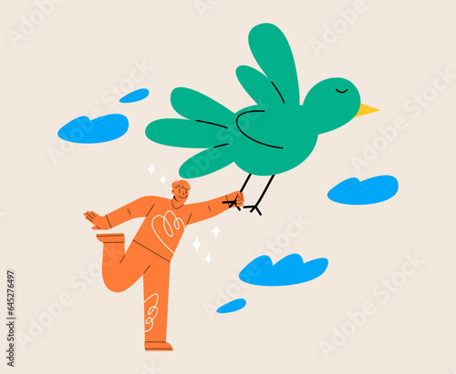 Hope and liberty concept. Open mind or fly away for better life. Colorful vector illustration