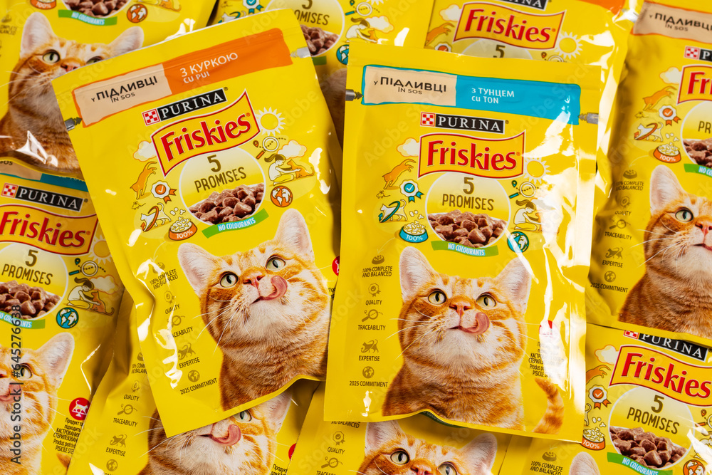 July 2023. Dnipro, Ukraine Many Friskies packs of pets meal. Friskies owned by Nestle Purina