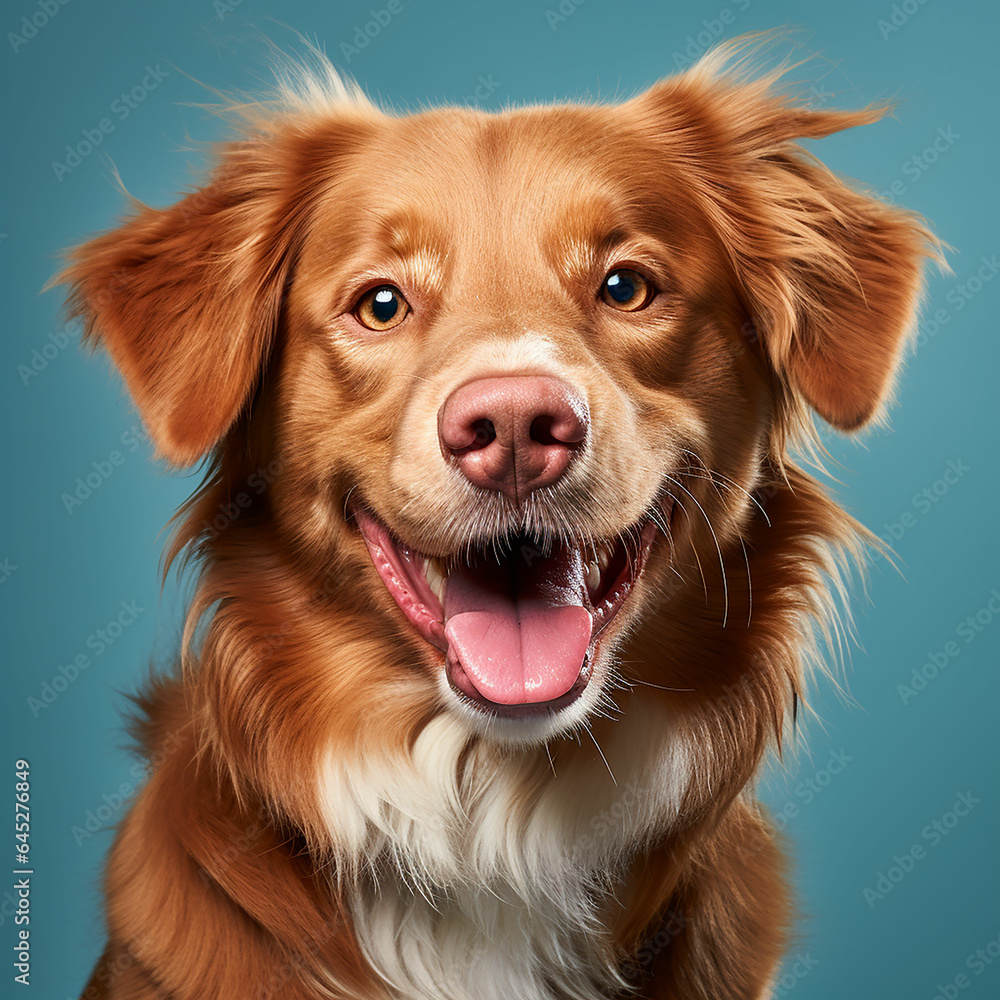 Beautiful nova scotia duck tolling retriever dog isolated on a blue turquoise background. dog studio portrait. front view. Made with generative ai Beautiful nova scotia duck tolling retriever dog isolated on a blue turquoise background. dog studio portrait. front view. Made with generative ai