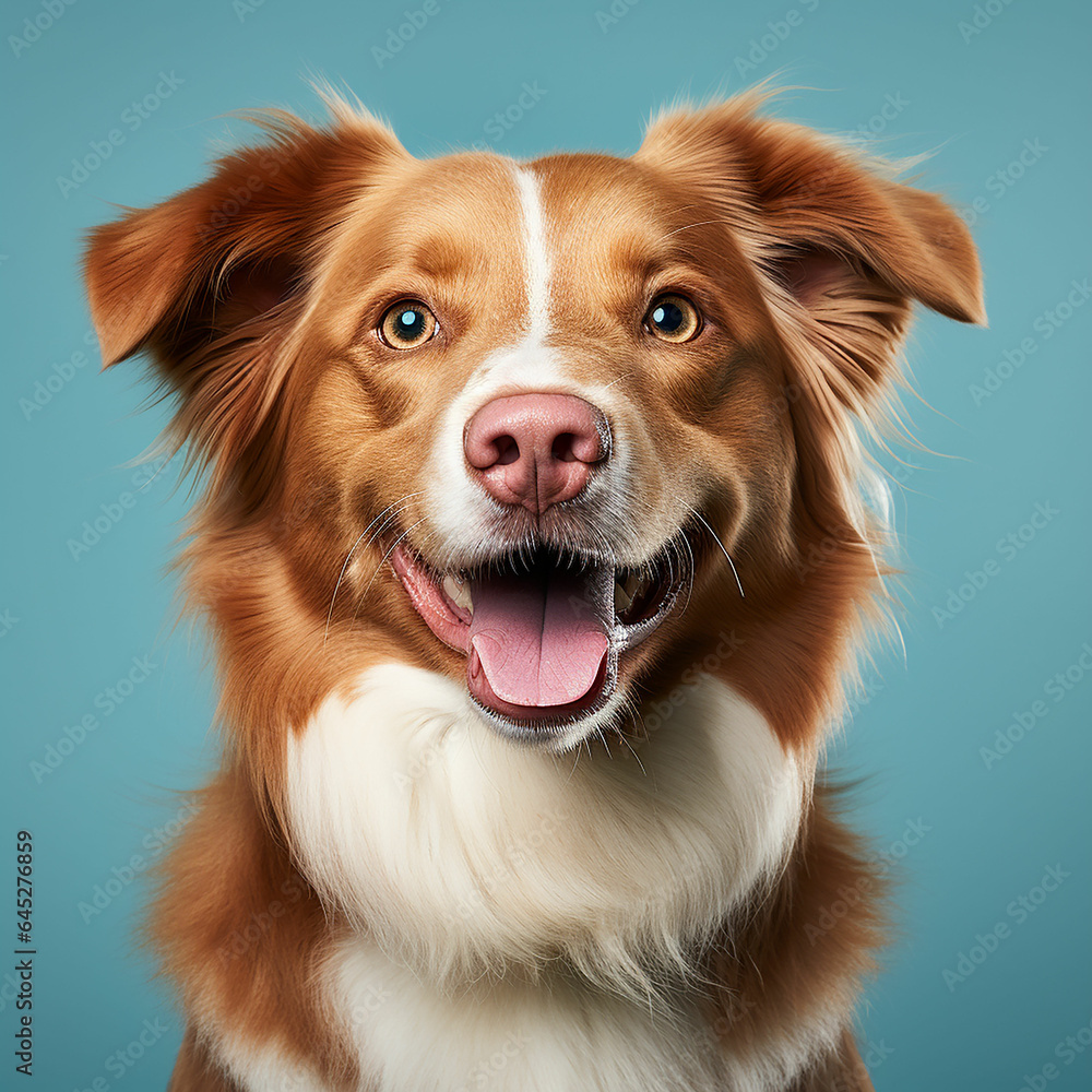 Beautiful nova scotia duck tolling retriever dog isolated on a blue turquoise background. dog studio portrait. front view. Made with generative ai