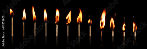 The stages of match burning on a black background. Safe match with red head. Different stages of matchstick burning.