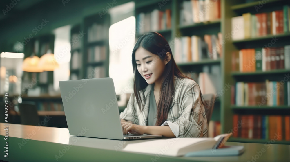 Asian Student's Online Learning: Focused Study in the School Library with Laptop Asian Student's Online Learning: Focused Study in the School Library with Laptop