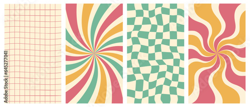 Groovy hippie 70s vector backgrounds set. Chessboard and twisted patterns. Backgrounds in trendy retro trippy style.Twisted and distorted vector texture in trendy retro psychedelic style.