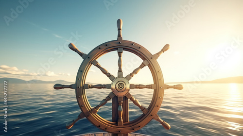 Steering Freedom and Adventure: Ship Wheel on Boat Amidst Vast Sea and Sky, A Symbol of Direction and Exploration.