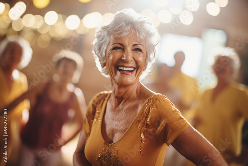 Old woman with flower shirt is happy in an indoor dance fitness class with retired friends  having fun enjoying  and celebrating  sunlight from the window