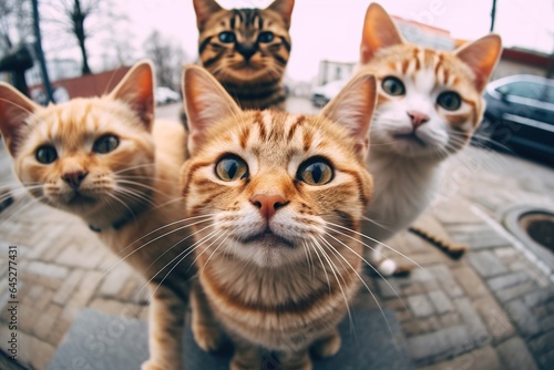 Cats taking a selfie on a blurred background. A group funny cats, Generative AI © Vilaysack