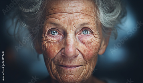 A radiant old senior woman with winkles in a smile smirk expression looking at the camera, blurred lights in the background photo