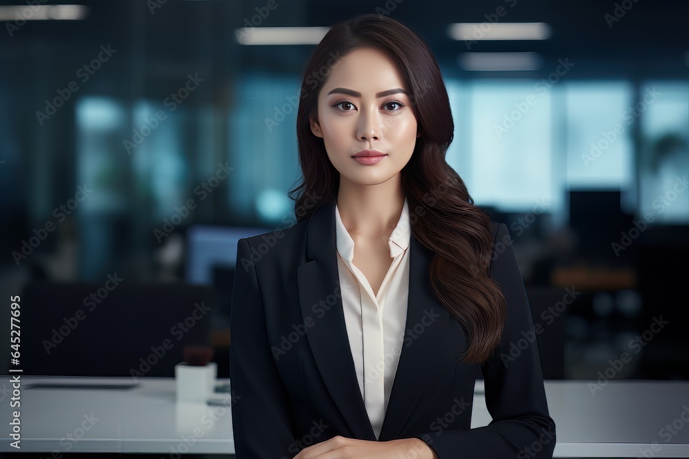 Portrait of a Beautiful Businesswoman in Modern Office, Asian Manager Looking at Camera and Smiling, Confident Female CEO Planning and Managing Company. Portrait of a Beautiful Businesswoman in Modern Office, Asian Manager Looking at Camera and Smiling, Confident Female CEO Planning and Managing Company.