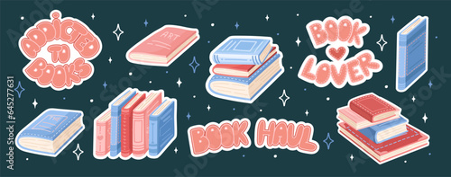 Set of book stickers. Lettering, and stacks of books to read in a flat design style. Book lovers. World Book Day. Vector.