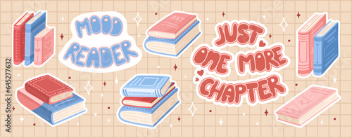 Set of book stickers. Lettering, and stacks of books to read in a flat design style. Mood reader. World Book Day. Vector.