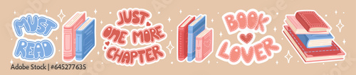 Set of book stickers. Lettering, and stacks of books to read in a flat design style. Book lover. World Book Day. Vector.