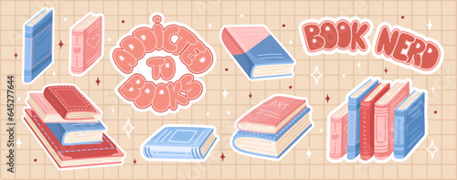 Set of book stickers. Lettering, and stacks of books to read in a flat design style. Book nerd. World Book Day. Vector.