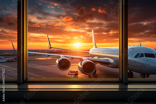 Plane at sunset ot runway viewed from terminal windom ai generated art photo