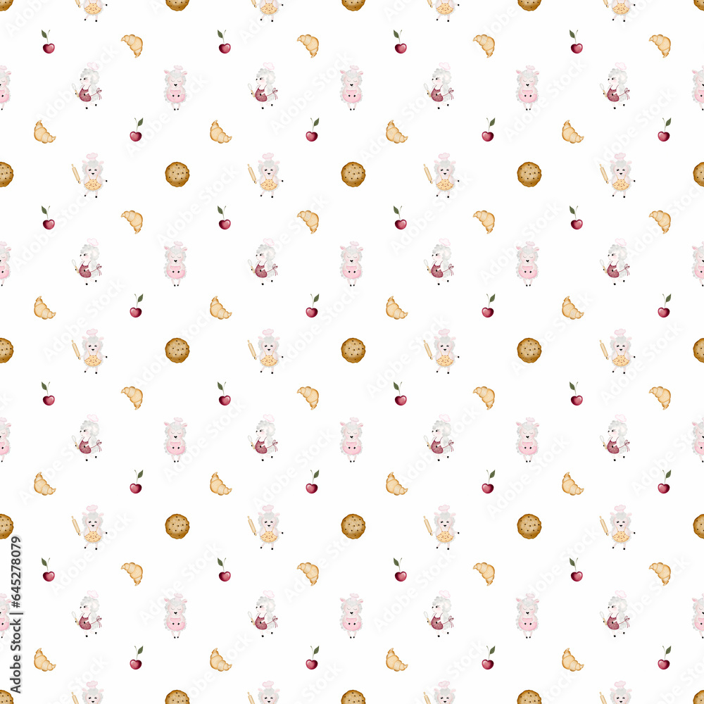 hand-drawn seamless pattern with cute lambs and baked goods. cake, croissant, cookie and berry on light colors. lovely pattern for baby textile, wrapping paper for bakery, coffee shop, kids cafe hand-drawn seamless pattern with cute lambs and baked goods. cake, croissant, cookie and berry on light colors. lovely pattern for baby textile, wrapping paper for bakery, coffee shop, kids cafe