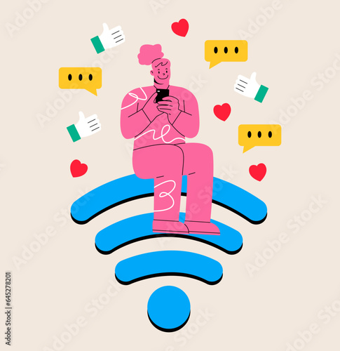 Woman sitting on Wi-Fi sign and using smartphone for internet. Free hotspot network concept. Colorful vector illustration