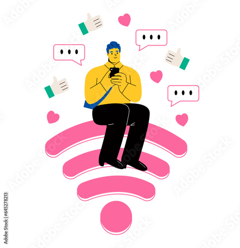 Business man sitting on Wi-Fi sign and using smartphone for internet. Free hotspot network concept.  Flat vector illustration isolated on white background
