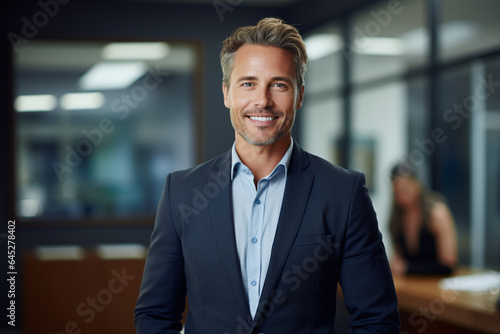 Executive handsome businessman with gray hair posing and looking at the camera in the office. Confident and successful owner boss and manager look. Wearing a blue suit and no tie