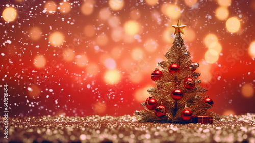 Christmas decoration with christmas tree with red background and lights. Generative Ai © hassanmim2021