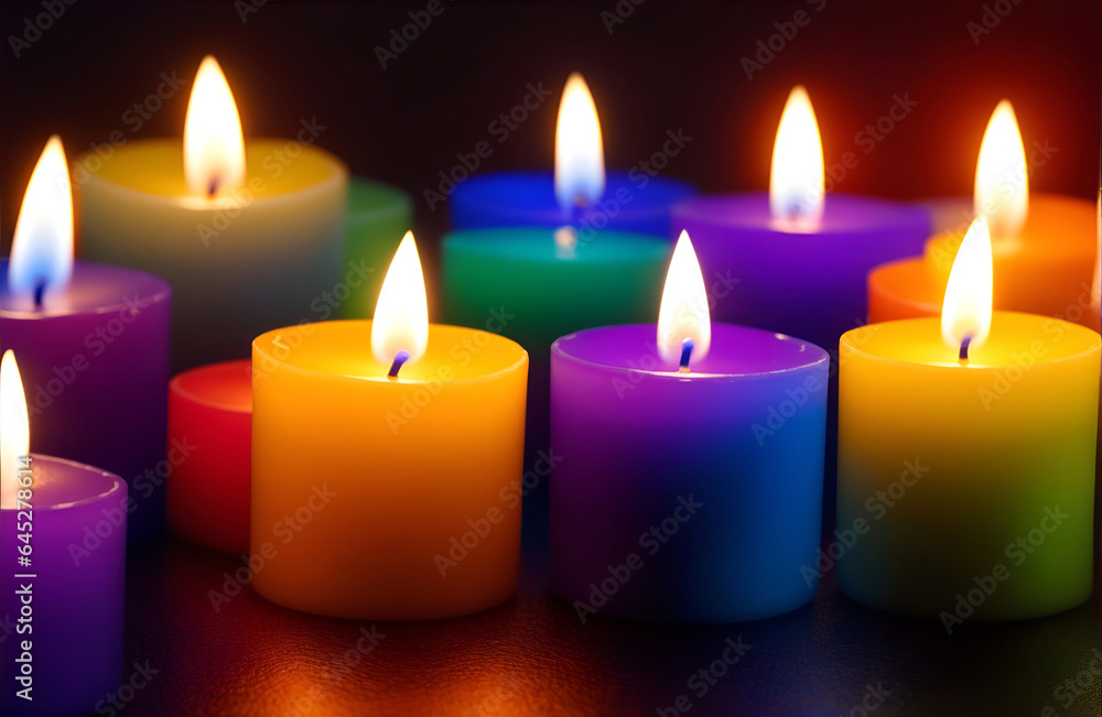 burning colorful candles in the dark bokeh background burning colorful candles in the dark bokeh background