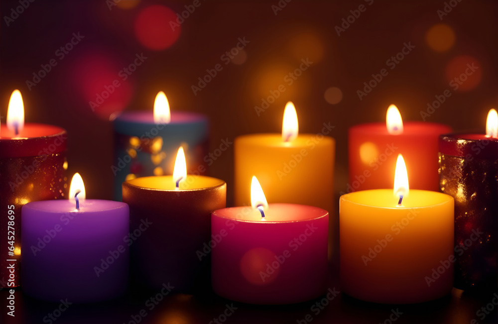 burning colorful candles in the dark bokeh background burning colorful candles in the dark bokeh background