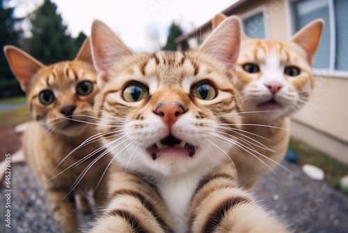 Cats taking a selfie on a blurred background. A group funny cats, Generative AI