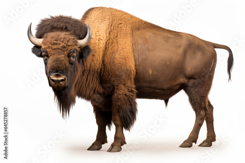 a bison standing on a white surface with a long horn
