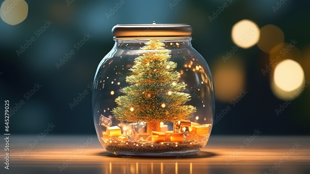 A tree figurine and a fallen jar full of christmas ornaments on marble surface. Generative Ai - obrazy, fototapety, plakaty 