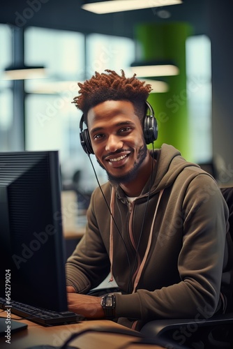 Portrait of a Handsome African Man, Customer Service Operator, Call Center Worker Talking Through Headset with Customer in Modern Office.
