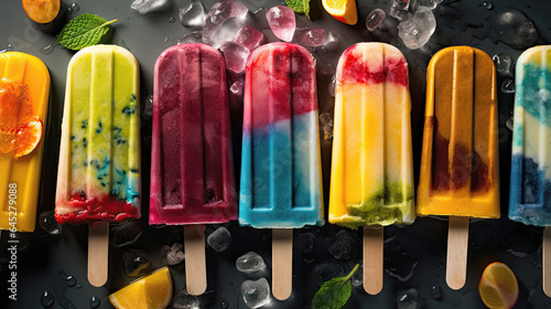 Row of fancy colorful popsicles in assorted flavors