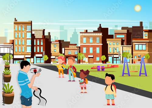 Vector illustration of some little boys are playing a popular outdoor game spinning top or lattu or spinner in a beautiful morning of winter.
 photo